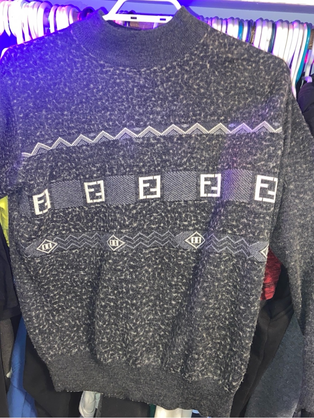 Fendi Charcoal Gray Patterned Logo Turtleneck Sweater